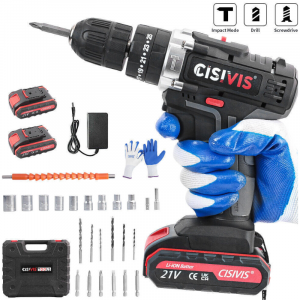 21V Cordless Combi Hammer Impact Drill Driver Electric Screwdriver Kit+2 Battery