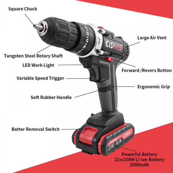 21V Cordless Combi Hammer Impact Drill Driver Electric Screwdriver Kit+2 Battery - Image 3