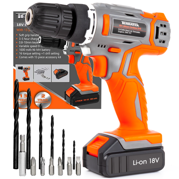 Cordless Drill Driver 18V Battery Lithium-Ion Combi Drill
