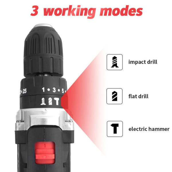 21V Cordless Combi Hammer Impact Drill Driver Electric Screwdriver Kit+2 Battery - Image 4