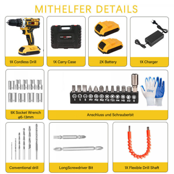 21V Cordless Drill Electric Screwdriver Impact Driver Combi Drills Kit+2 Battery - Image 4