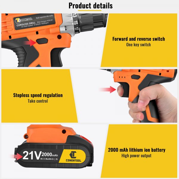 2024 NEW 21V Cordless Combi Drill Driver Electric Screwdriver + 2 x Battery +36PCS - Image 2
