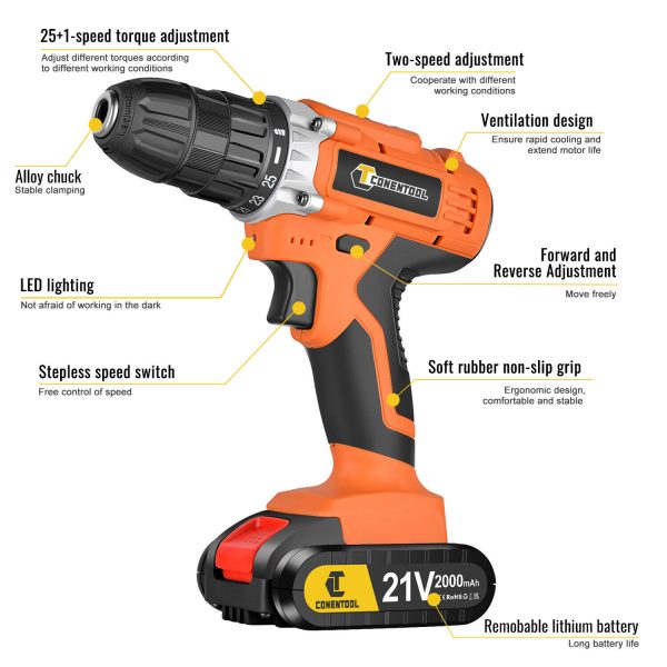 2024 NEW 21V Cordless Combi Drill Driver Electric Screwdriver + 2 x Battery +36PCS - Image 3