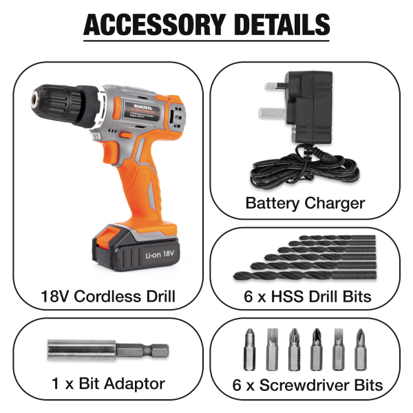 Cordless Drill Driver 18V Battery Lithium-Ion Combi Drill - Image 3