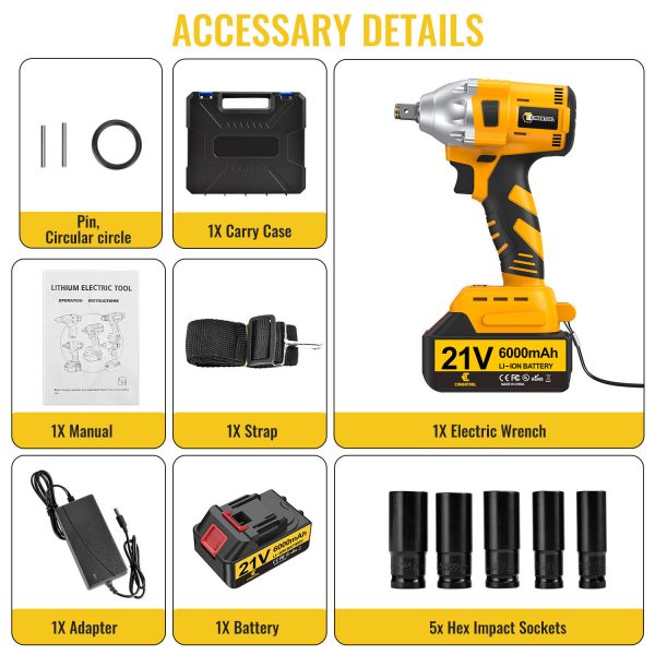 CONENTOOL 21V Cordless Impact Wrench Set Brushless Ratchet 6.0A Li-ion Battery - Image 4