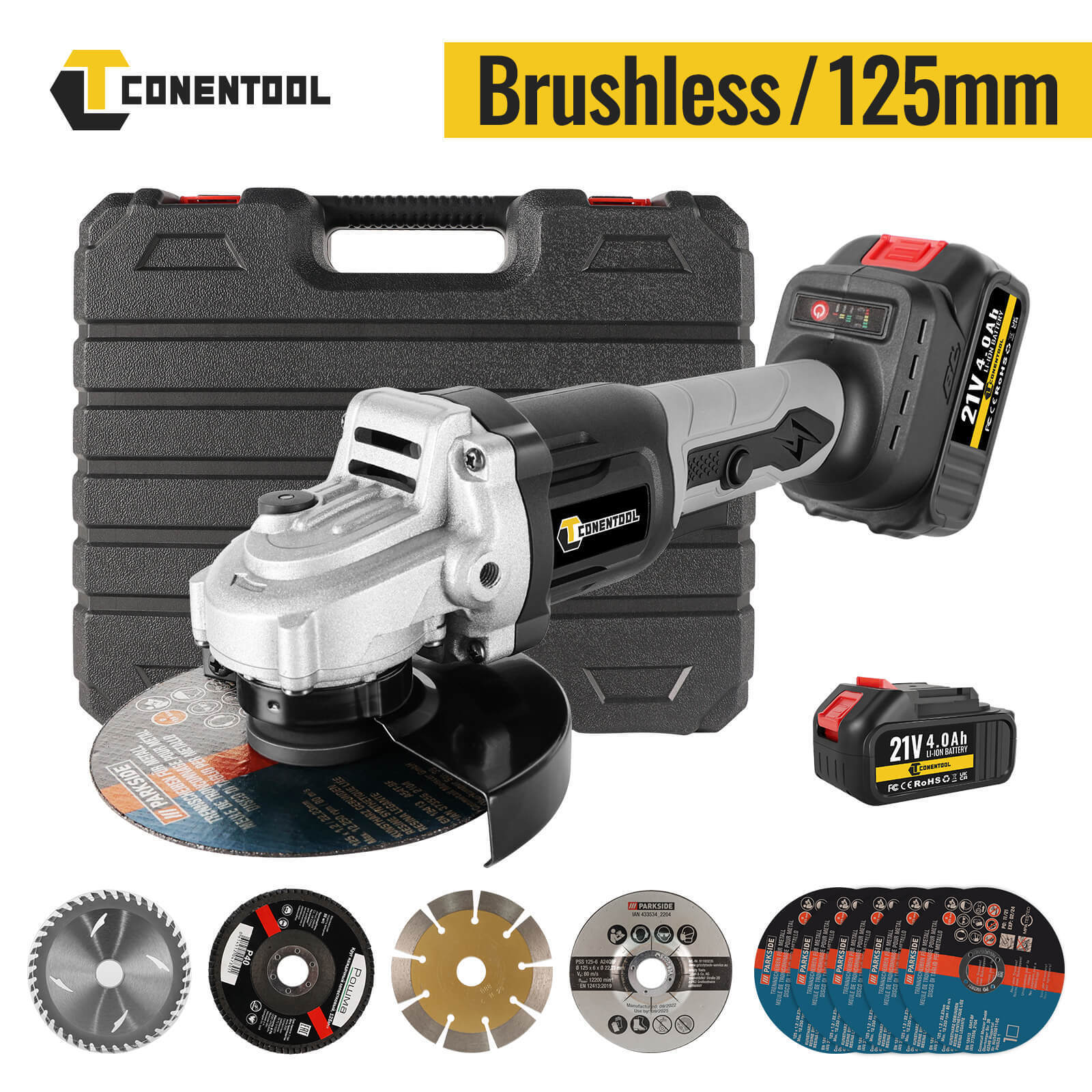 21V Cordless Angle Grinder Polishing Brushless Cutter w/ Battery +Charger +Discs
