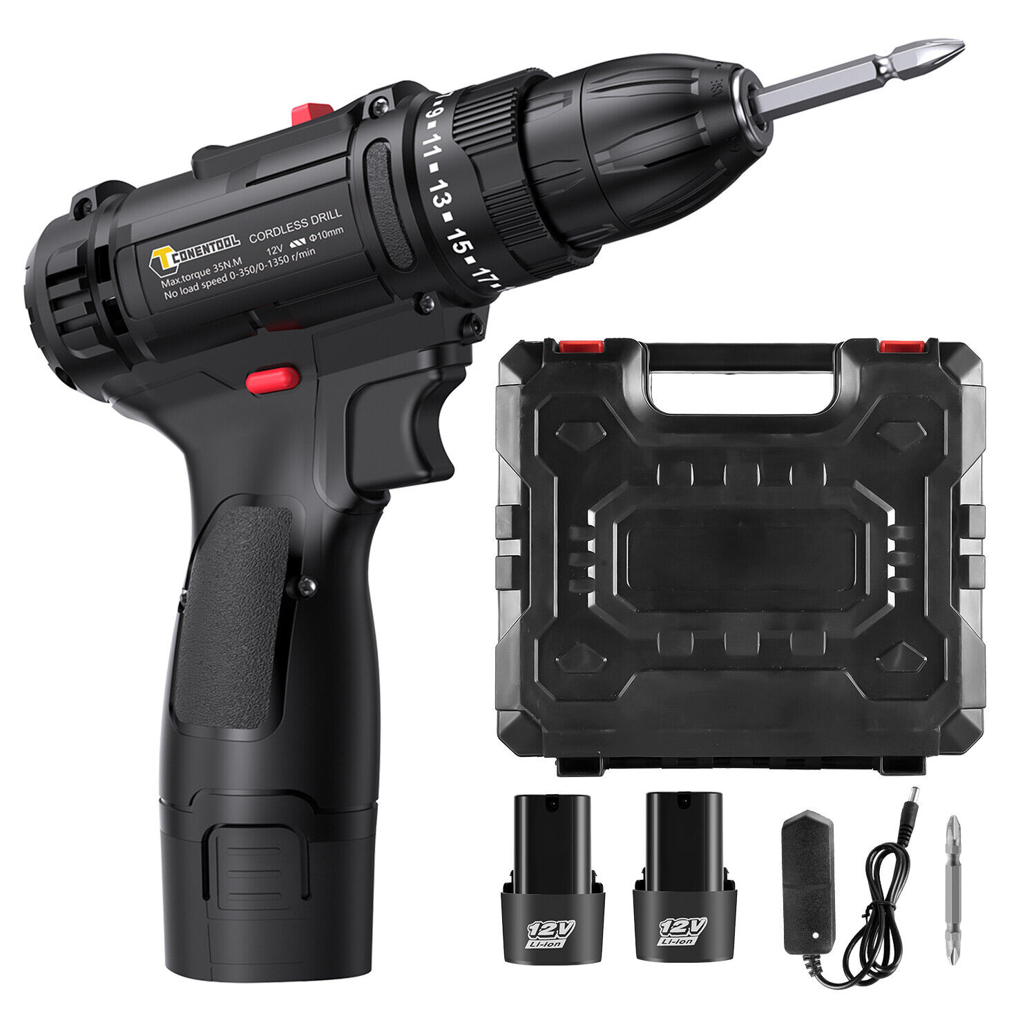 12V Cordless Drill Electric Screwdriver Combi Power Drills Kit with 2 Battery