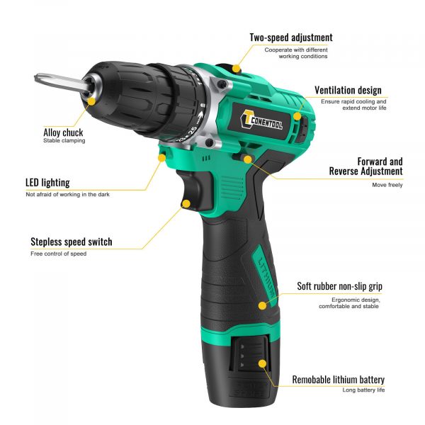 12V Cordless Drill Electric Screwdriver Power Driver Combi Drills Kit 2 x Battery - Image 2