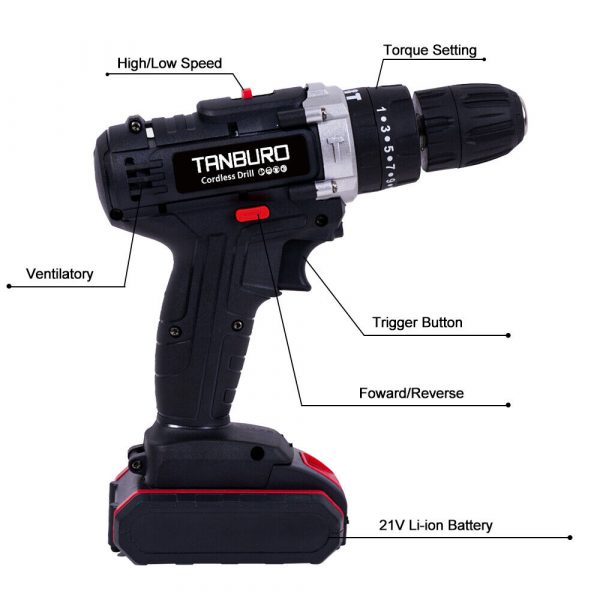 21V Cordless Combi Hammer Impact Drill Driver Electric Screwdriver 2 Battery Kit