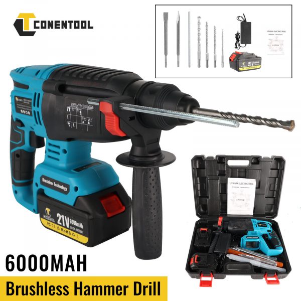 21V Cordless SDS Hammer Drill Set With 6000mAh Battery & Charger & Chisel & Case - Image 4