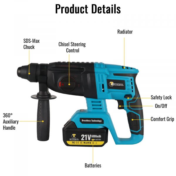 21V Cordless SDS Hammer Drill Set With 6000mAh Battery & Charger & Chisel & Case - Image 2