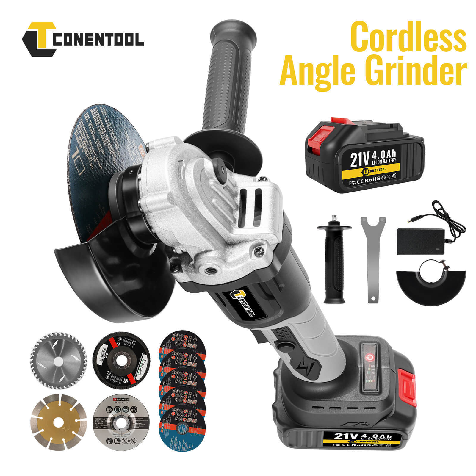 21V Cordless Angle Grinder Polishing Brushless Cutter w/ Battery +Charger +Discs - Image 3
