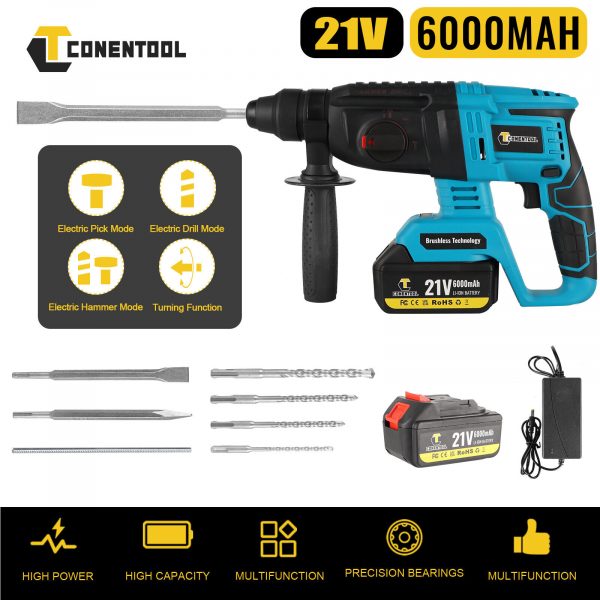 21V Cordless SDS Hammer Drill Set With 6000mAh Battery & Charger & Chisel & Case - Image 3