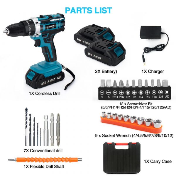 21V Cordless Drill + 2 Battery Heavy Duty Impact Driver Kit Hammer Screwdriver - Image 2
