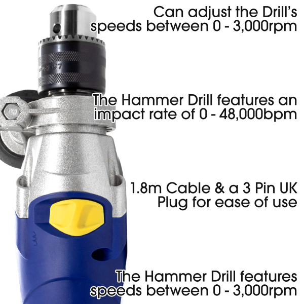 Skotek 1050W Electric Impact Hammer Drill Power 240V Heavy Duty Corded Drill - Image 3