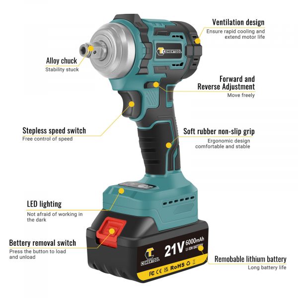 CONENTOOL 21V Cordless Impact Wrench Set 1/2" Brushless Drill Gun Driver Tool - Image 2