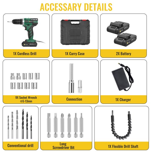 NEW 21V Cordless Combi Drill Driver Electric Screwdriver Set with 2 Battery - Image 2