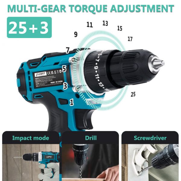 21V Cordless Drill Combi Driver Electric Screwdriver Set with 2 Battery and Charger - Image 3