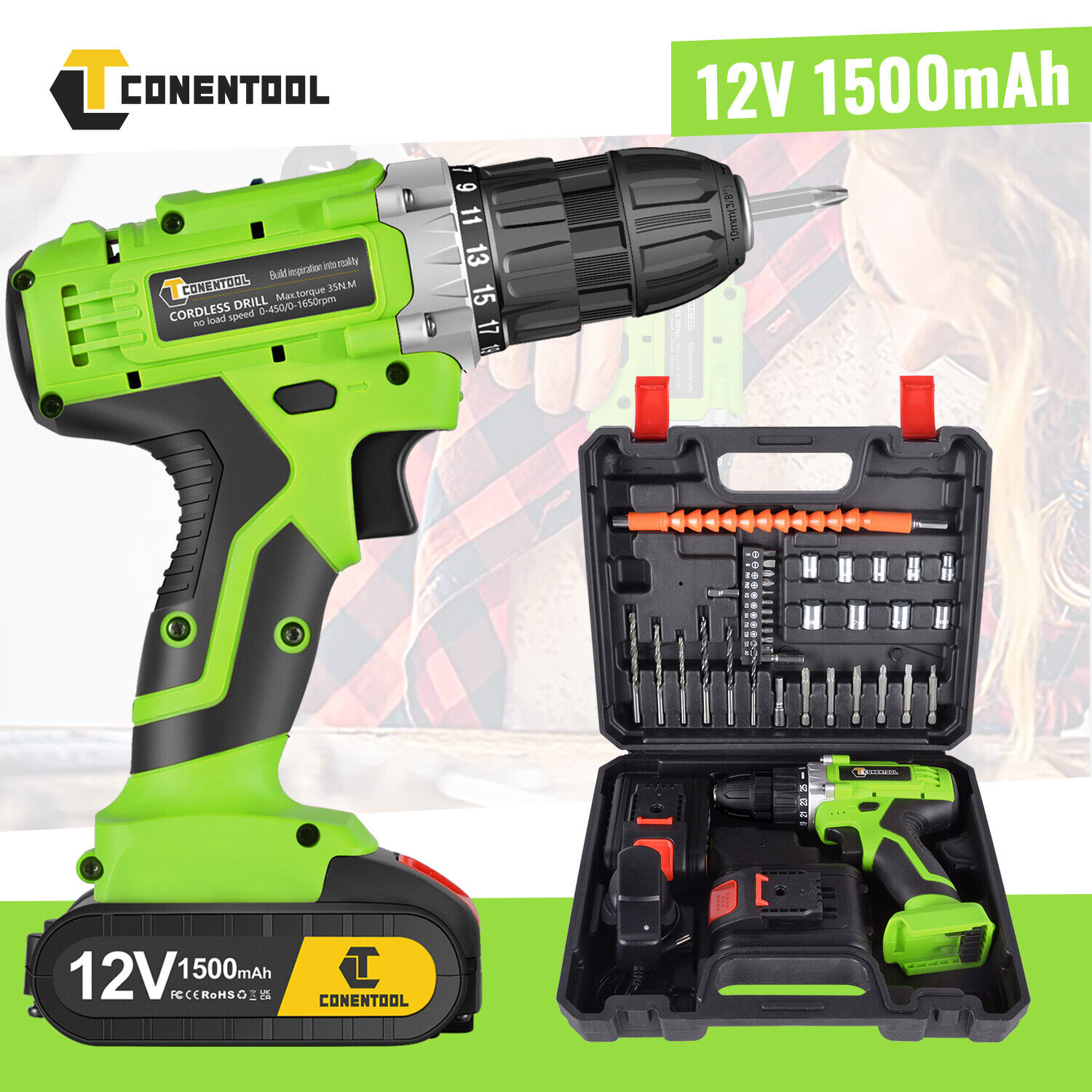 12V Cordless Combi Drill Driver Electric Screwdriver  2 Battery