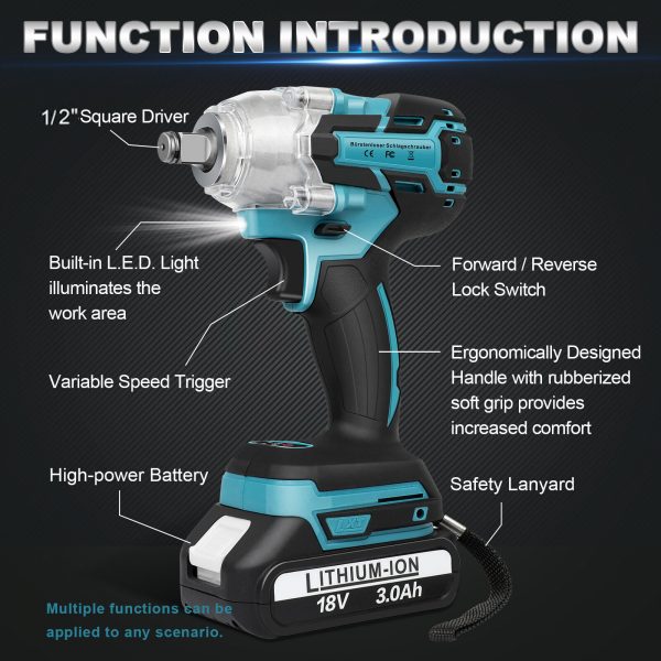 600N.m 21V Brushless Impact Wrench 2 Batteries - Image 2
