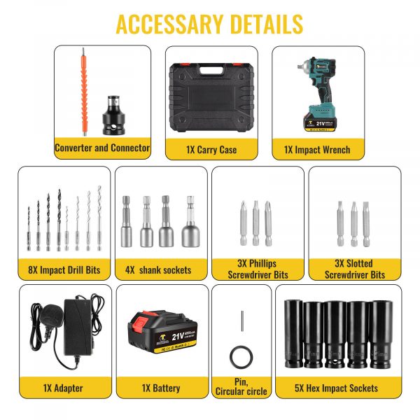 CONENTOOL 21V Cordless Impact Wrench Set 1/2" Brushless Drill Gun Driver Tool - Image 3