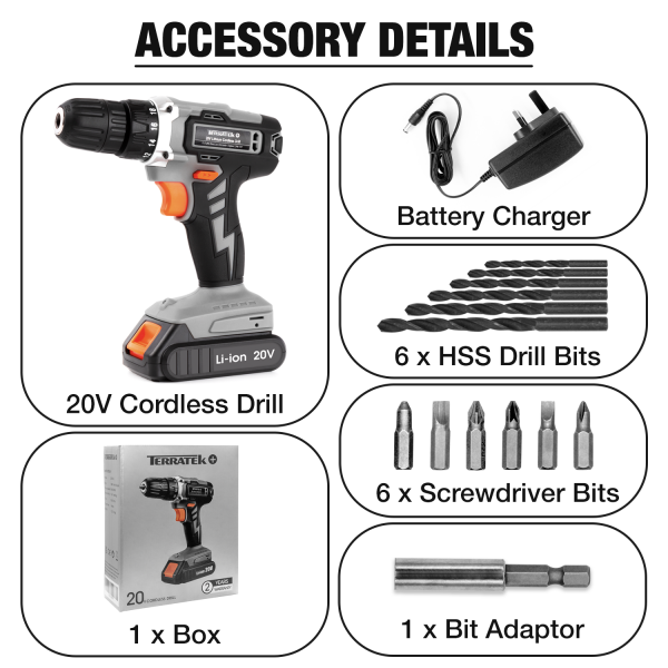 20V Cordless Drill Driver Combi Electric Screwdriver Set - Image 3