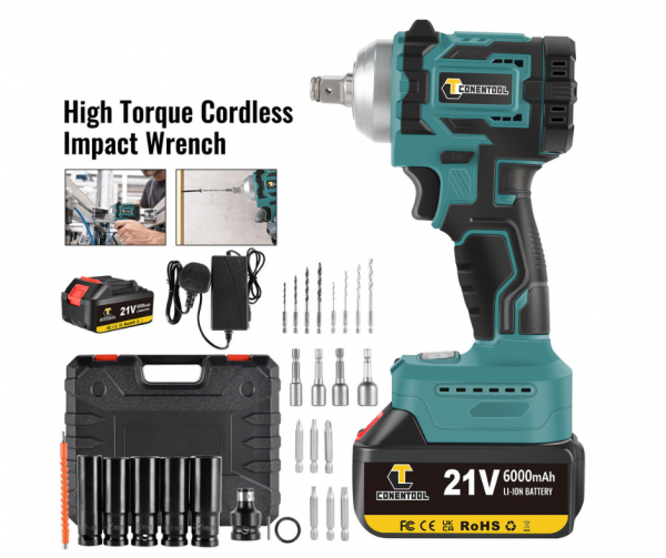 CONENTOOL 21V Cordless Impact Wrench Set 1/2" Brushless Drill Gun Driver Tool